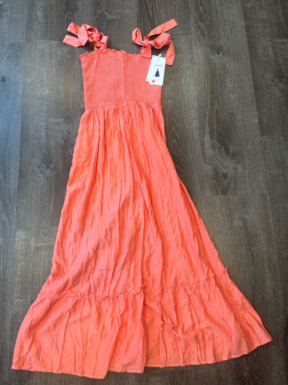 Smocked Tie-Shoulder Maxi Dress in Coral - Picture 1 of 3